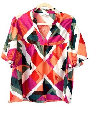 THML Popover Blouse Puff Sleeves Mod Geo Print Size Large